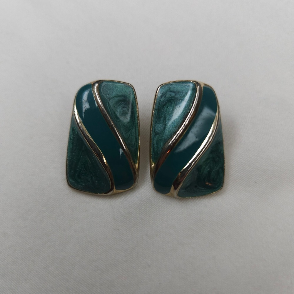 Vintage Teal Green Enamel Gold Tone Rectangular Post Earrings Art Deco Retro